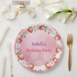 Red Strawberry berry Daisy Birthday Party for her Paper Plate