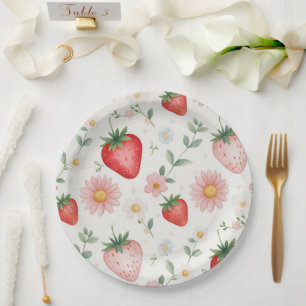 Red Strawberry berry Daisy Birthday Party for her Paper Plate