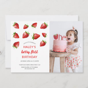 Red Strawberry Berry first 1st Baby Photo Birthday Invitation
