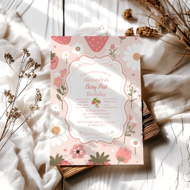 Red Strawberry Berry First 1st Birthday Party Invitation (Creator Uploaded)