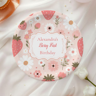 Red Strawberry Berry First 1st Birthday Party Paper Plate