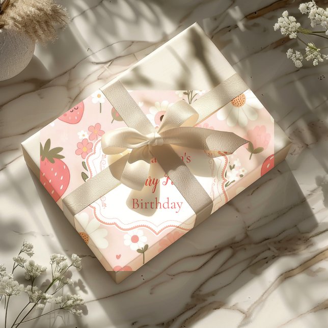 Red Strawberry Berry First 1st Birthday Party Wrapping Paper (Creator Uploaded)