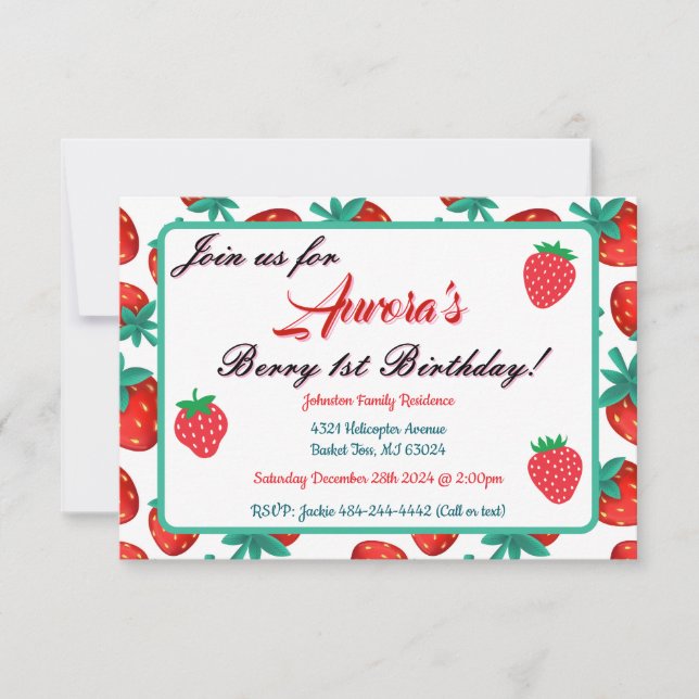 Red Strawberry Berry First Birthday Party Invitation (Front)