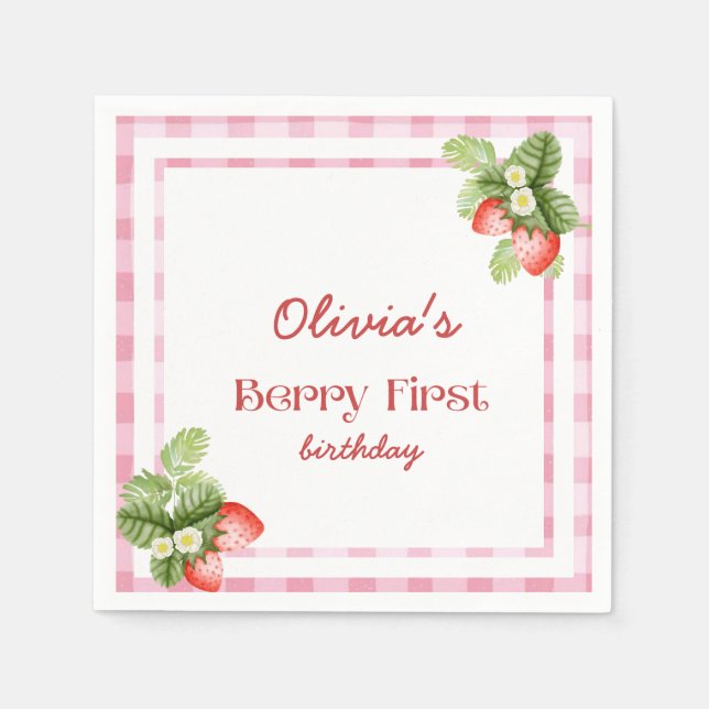 Red Strawberry Berry First Birthday Thank You Napkin (Front)