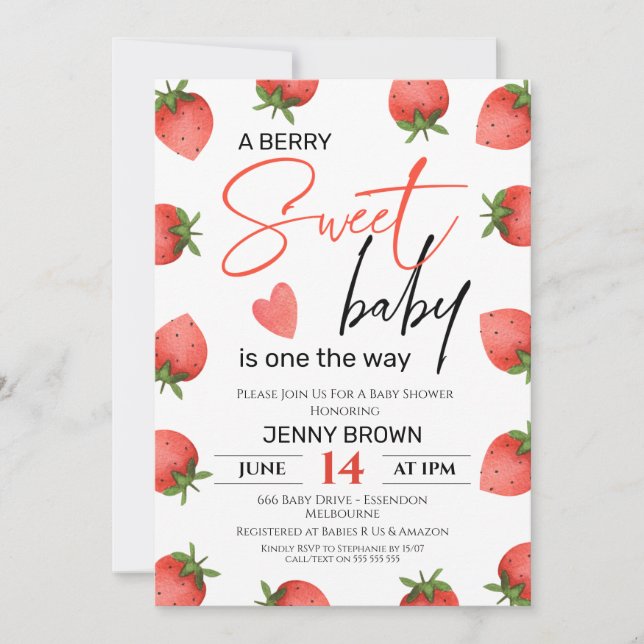 Red Strawberry Berry Sweet Baby Baby Shower  Invitation (Front)