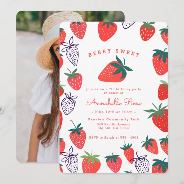 Red Strawberry Berry Sweet Birthday Invitation (Front/Back)