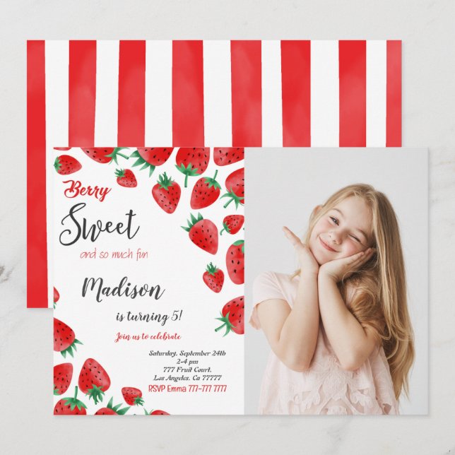 Red Strawberry Birthday Photo Invitation (Front/Back)