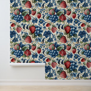 Red Strawberry & Blue Blueberry Farm Style  Wallpaper
