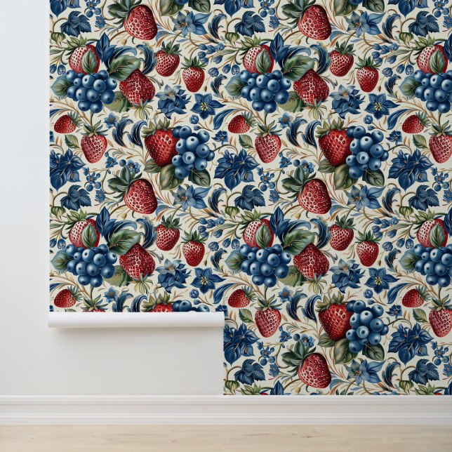 Red Strawberry & Blue Blueberry Farm Style  Wallpaper (Application)