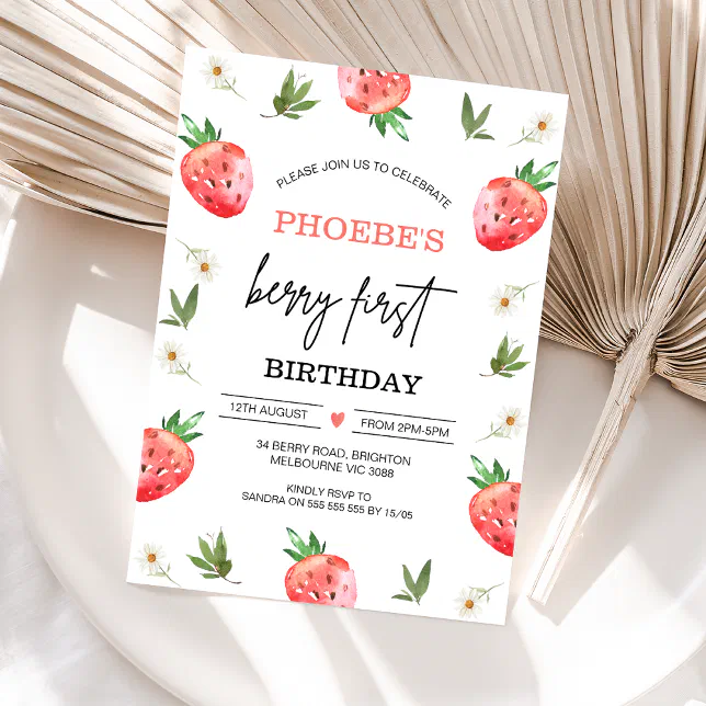 Red Strawberry Daisy Berry Sweet 1st Birthday Invitation | Zazzle