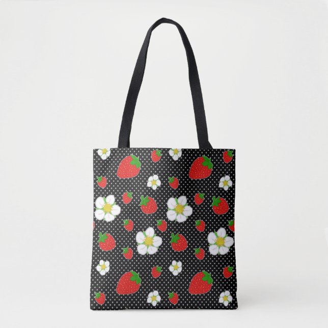 Red Strawberry Dots in Black Tote Bag (Front)