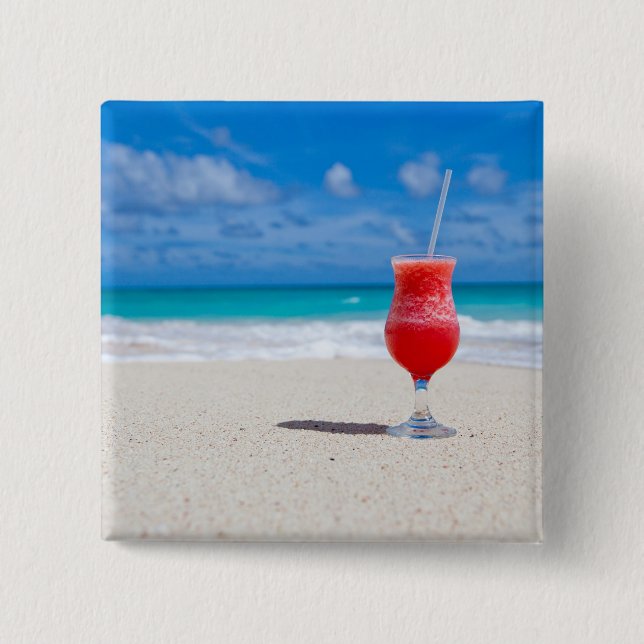 Red Strawberry Drink on the Sandy Beach 15 Cm Square Badge (Front)