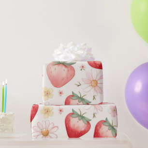Red Strawberry flowers Birthday Party for her Wrapping Paper