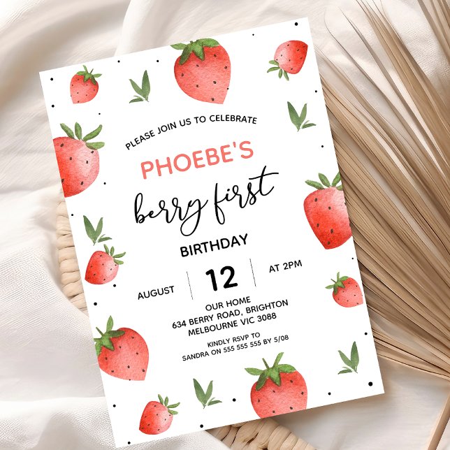 Red Strawberry Foliage Berry First Birthday  Invitation (Girls Berry First Birthday Invitation, Modern Strawberry First Birthday Invitation, Summer Berries)