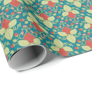 Red Strawberry Fruit, Blossoms & Runners  Wrapping Paper