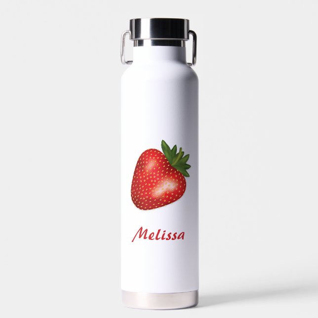 Red Strawberry Fruit Illustration With Custom Name Water Bottle (Front)