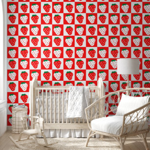 Red Strawberry Fruit Pattern Kids Nursery Room Wallpaper
