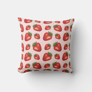 Red Strawberry Fruit Pattern On Pink Cushion