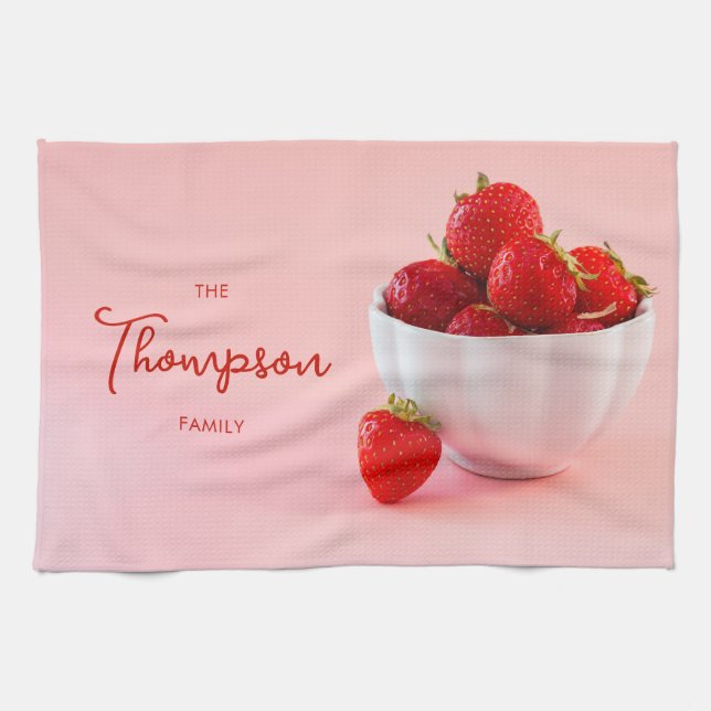 Red Strawberry Fruits On Pink With Family Name Tea Towel (Horizontal)