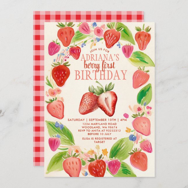 Red Strawberry Gingham Berry Sweet Birthday Invitation (Front/Back)