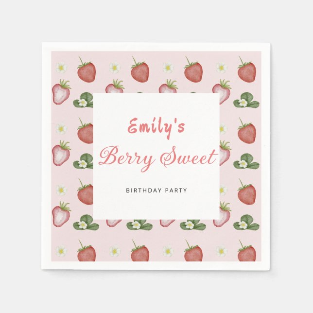Red Strawberry Girl 1st Birthday Party Berry First Napkin (Front)