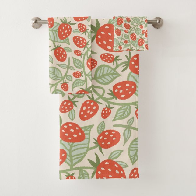 Red strawberry & green leaves pattern bath towel set (Insitu)