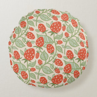 Red strawberry & green leaves pattern round cushion