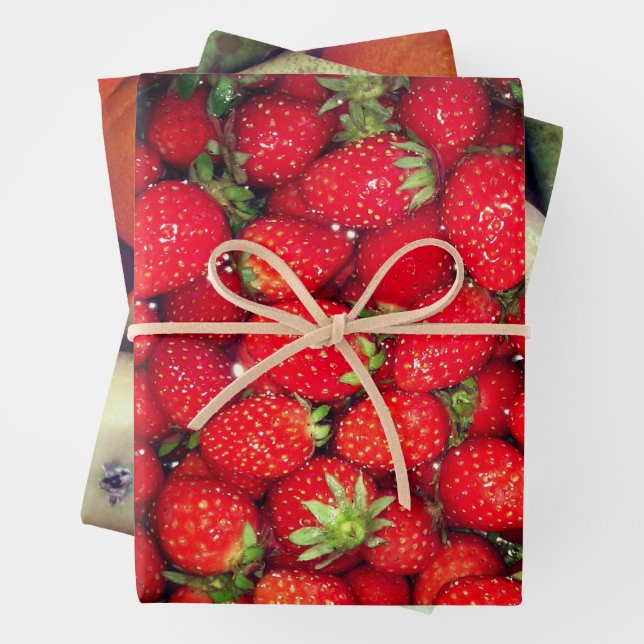 Red strawberry, green pear and orange fruit custom wrapping paper sheet (In situ)