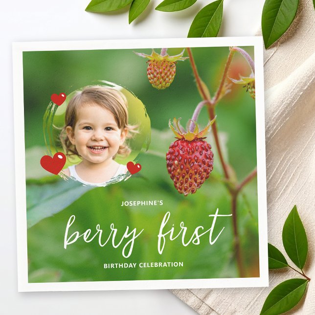 Red Strawberry & Kid's Photo Berry First Birthday Napkin (Creator Uploaded)