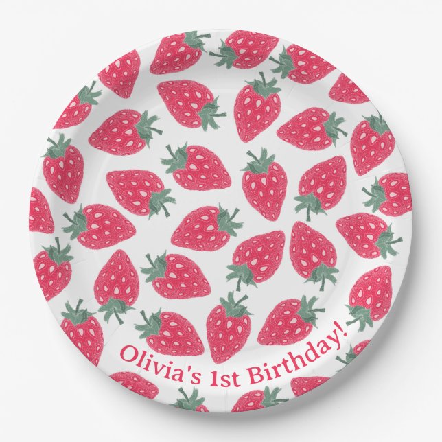 Red Strawberry Name Birthday Party Plates (Front)