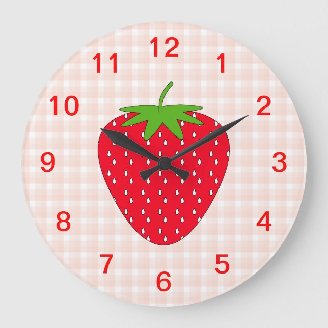 Red Strawberry on Gingham Check. Large Clock (Front)