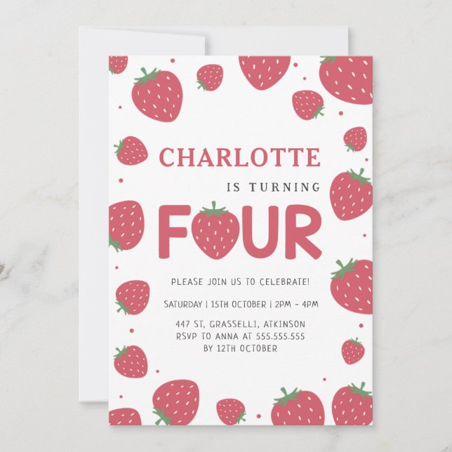 Red Strawberry Pattern 4th Summer Birthday Invitation (Front)