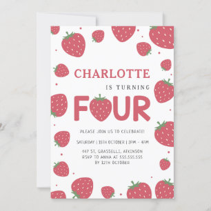 Red Strawberry Pattern 4th Summer Birthday Invitation