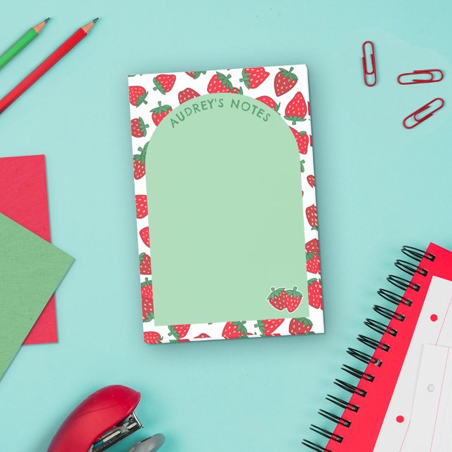 Red Strawberry Pattern Green Arch Add Name Post-it Notes (Creator Uploaded)