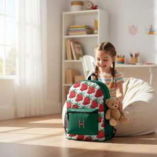 Red Strawberry Pattern Green Backpack