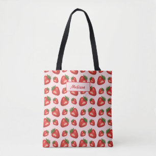 Red Strawberry Pattern On Pink With Custom Text Tote Bag