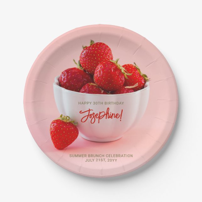 Red Strawberry Photo Summer Brunch Happy Birthday Paper Plate (Front)