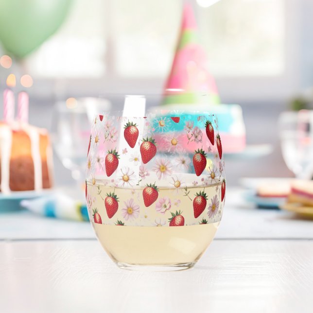 Red Strawberry pink Birthday Party for her Stemless Wine Glass (Insitu (Birthday))