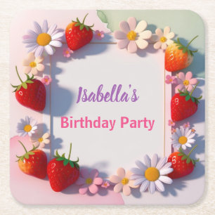 Red Strawberry pink Birthday Party for kids Square Paper Coaster