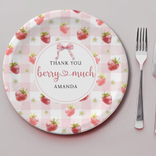 Red Strawberry Pink Plaid Thank You Berry Much Paper Plate