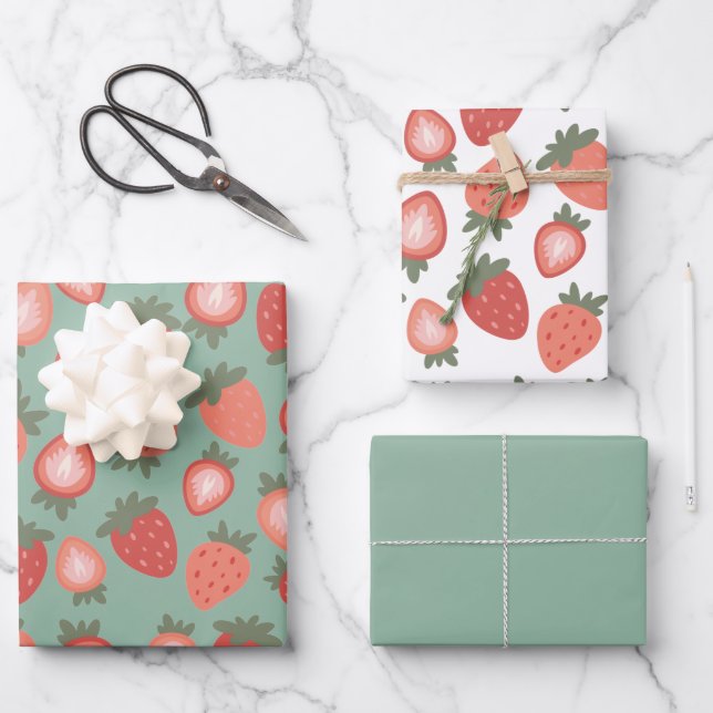 Red Strawberry Seamless Pattern Wrapping Paper Sheet (Front)