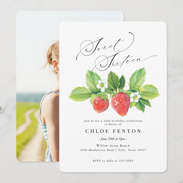 Red Strawberry Sweet Sixteen Birthday Invitation (Front/Back)