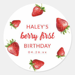Red Strawberry Watercolor Berry 1st Baby Birthday Classic Round Sticker