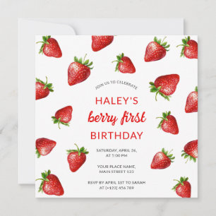 Red Strawberry Watercolor Berry 1st Baby Birthday Invitation