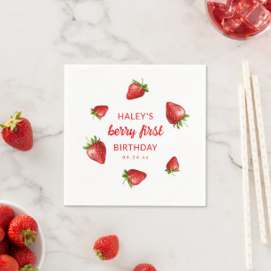 Red Strawberry Watercolor Berry 1st Baby Birthday Napkin