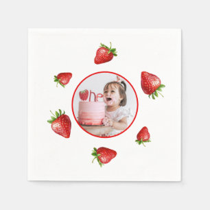 Red Strawberry Watercolor Berry 1st Photo Birthday Napkin