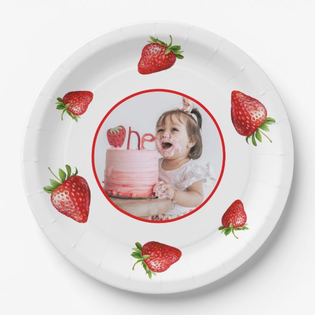 Red Strawberry Watercolor Berry 1st Photo Birthday Paper Plate (Front)