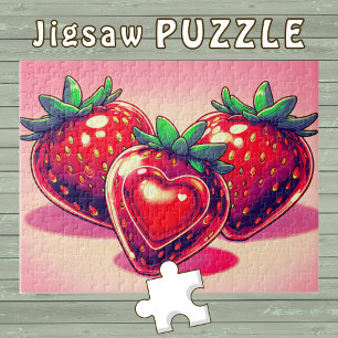 Red Strawberry with Heart cute Drawing -  Jigsaw Puzzle