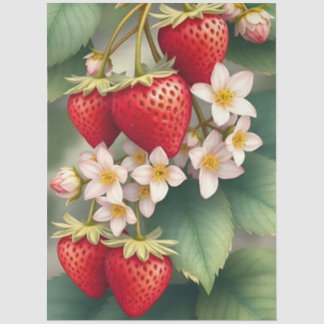 Red Strawberry With White Flowers & Green Leaves Tissue Paper