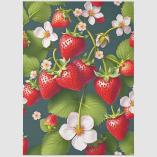 Red Strawberry With White Flowers & Green Leaves Tissue Paper